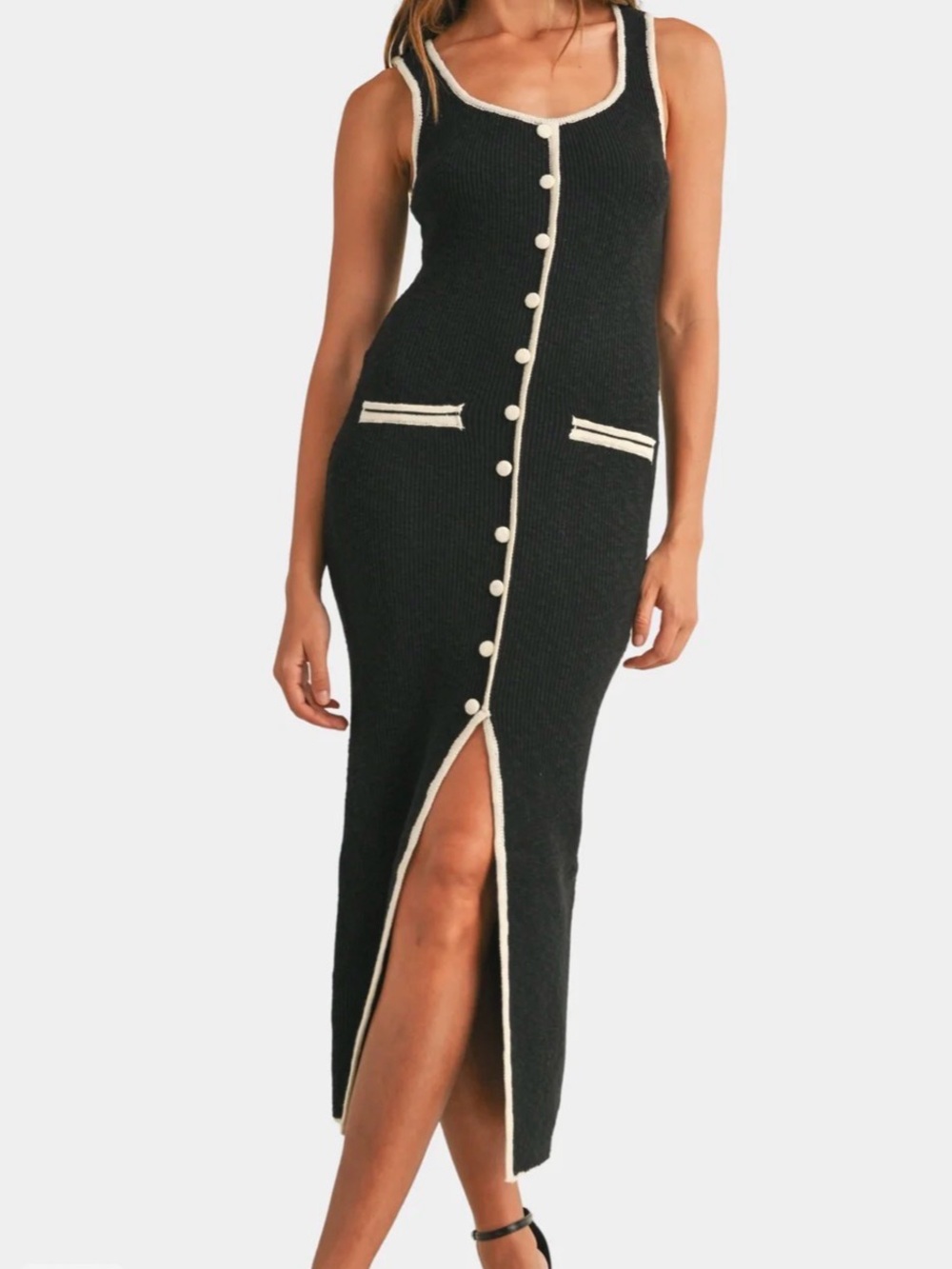 Mable black knit midi dress with white trim and button detail size small